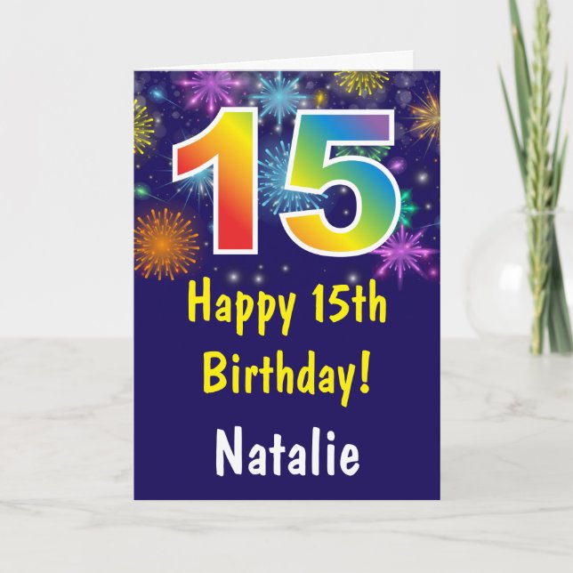 15th Birthday Colourful Rainbow Fireworks Navy Blu Card (Front)