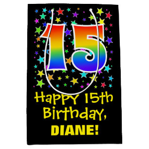15th Birthday: Colourful Stars Pattern & Rainbow 1 Medium Gift Bag