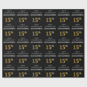 15th Birthday: Elegant, Black, Faux Gold Look Wrapping Paper