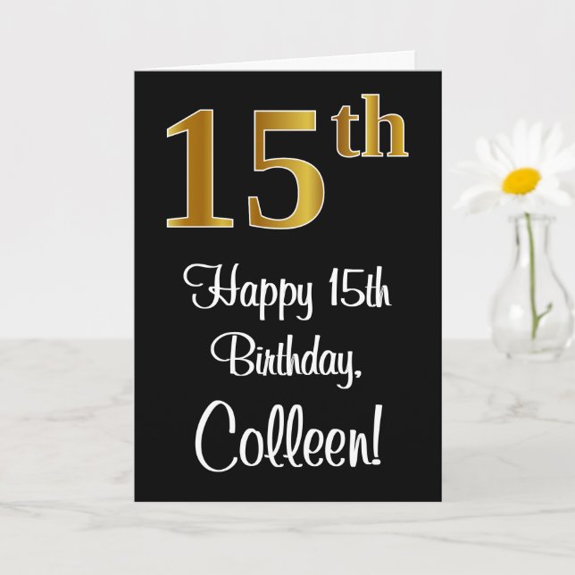 15th Birthday ~ Elegant Luxurious Faux Gold Look # Card (Small Plant)