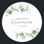 15th Birthday Eucalyptus Greenery Quinceanera Classic Round Sticker<br><div class="desc">TIP: Matching items available in this collection. Our botanical eucalyptus birthday collection features watercolor foliage and modern typography in dark grey text. Use the "Customise it" button to further re-arrange and format the style and placement of text. Could easily be repurpose for other special events like anniversaries, baby shower, birthday...</div>