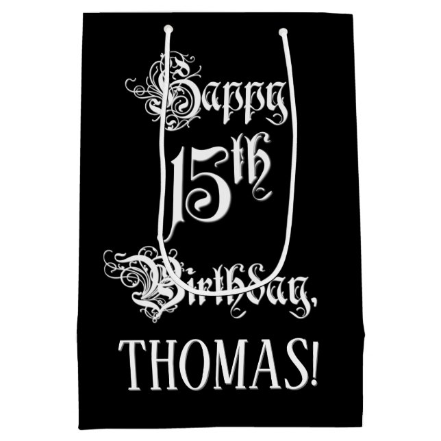 15th Birthday: Fancy, Elegant Script + Custom Name Medium Gift Bag (Back)
