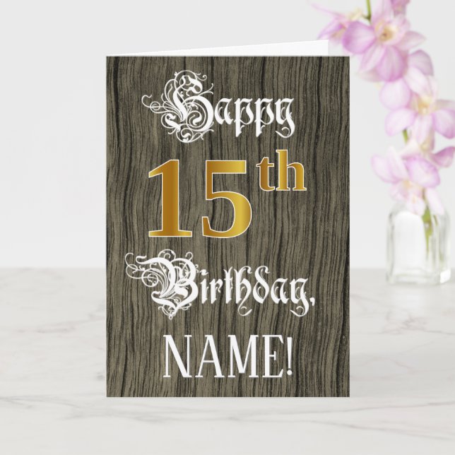 15th Birthday: Faux Gold Look + Faux Wood Pattern Card (Orchid)