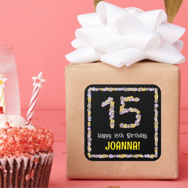 15th Birthday: Floral Flowers Number, Custom Name Square Sticker (Party)