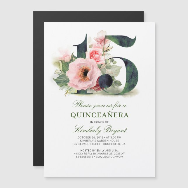 15th Birthday Floral Quinceanera Magnetic Invitation (Front/Back)