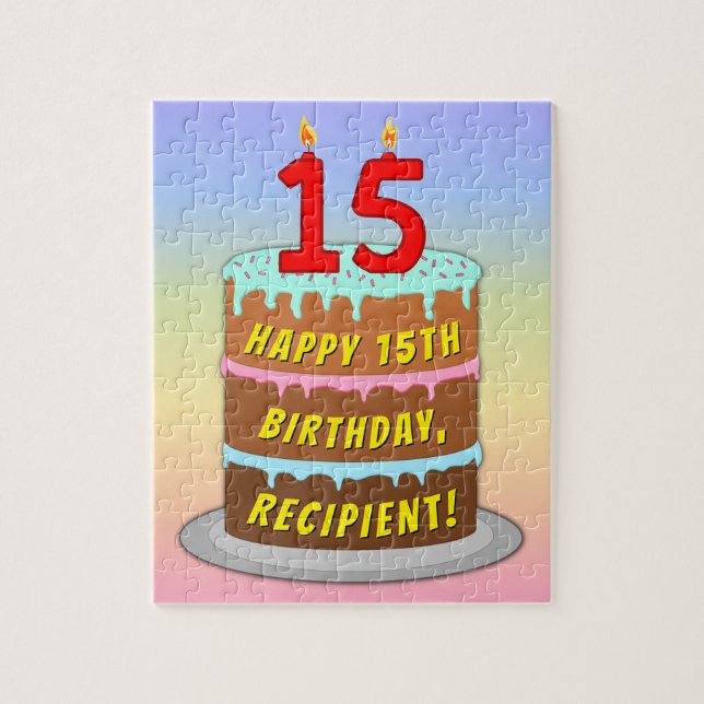 15th Birthday: Fun Cake and Candles + Custom Name Jigsaw Puzzle (Vertical)