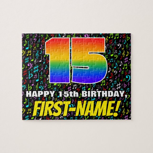 15th Birthday — Fun, Colourful Music Symbols & “15 Jigsaw Puzzle (Horizontal)