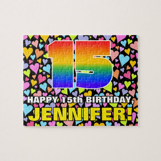 15th Birthday — Fun, Loving Heart Shapes + “15” Jigsaw Puzzle (Horizontal)