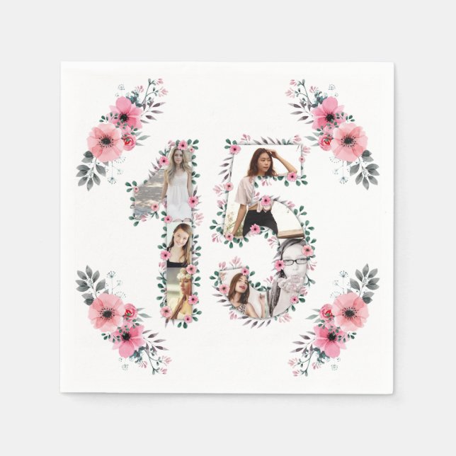 15th Birthday Girl Flower Photo Collage White Napkin (Front)