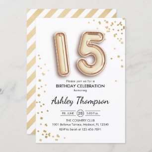 15th Birthday - Gold Balloons Invitation