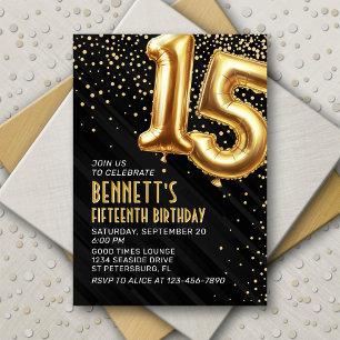 15th Birthday Gold Black Invitation
