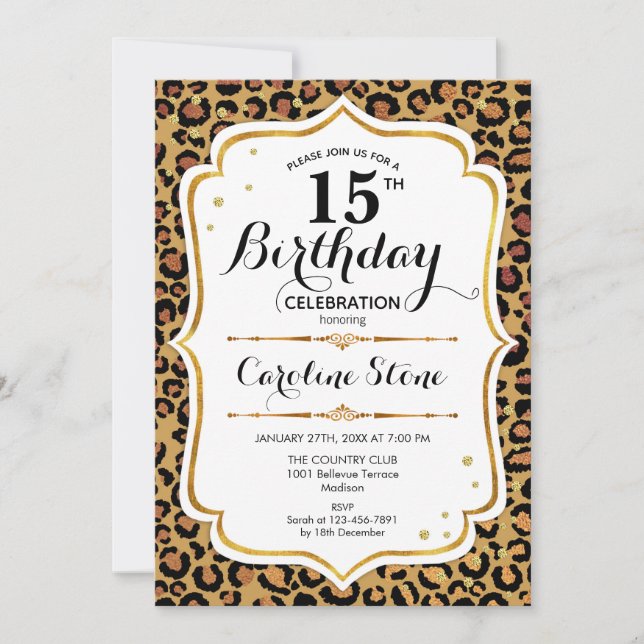 15th Birthday - Gold Leopard Print Invitation (Front)
