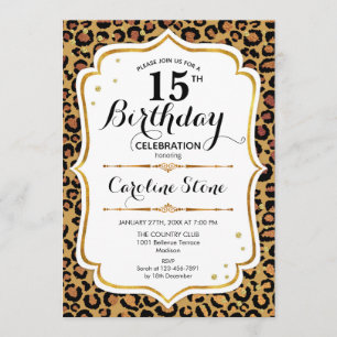 15th Birthday - Gold Leopard Print Invitation