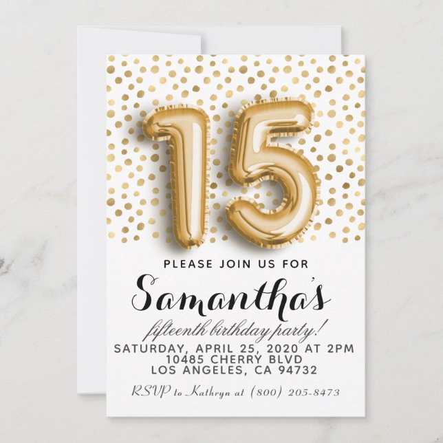 15th Birthday Gold Polkadot Invitation (Front)