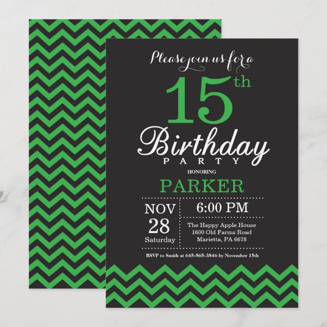 15th Birthday Invitation Black and Green Chevron (Front/Back)