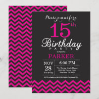 15th Birthday Invitation Black and Hot Pink