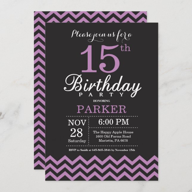 15th Birthday Invitation Black and Purple (Front/Back)