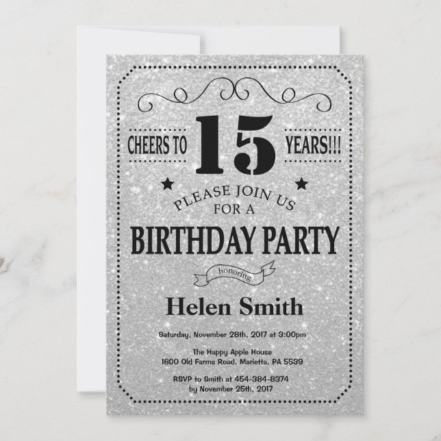 15th Birthday Invitation Black and Silver Glitter (Front)