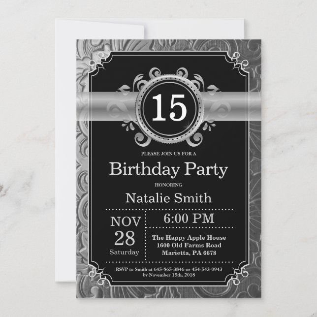 15th Birthday Invitation Black and Silver Glitter (Front)