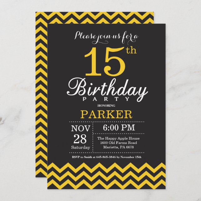 15th Birthday Invitation Black and Yellow Chevron (Front/Back)