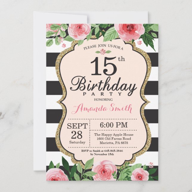 15th Birthday Invitation. Floral Pink Gold Black Invitation (Front)