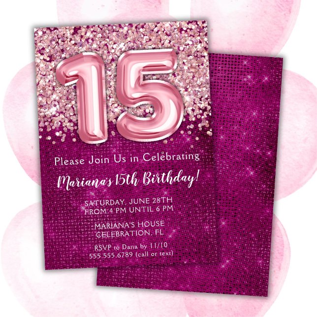 15th Birthday Invitation Girl Magenta Pink Glitter (Creator Uploaded)