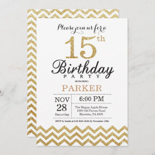 15th Birthday Invitation Gold Glitter