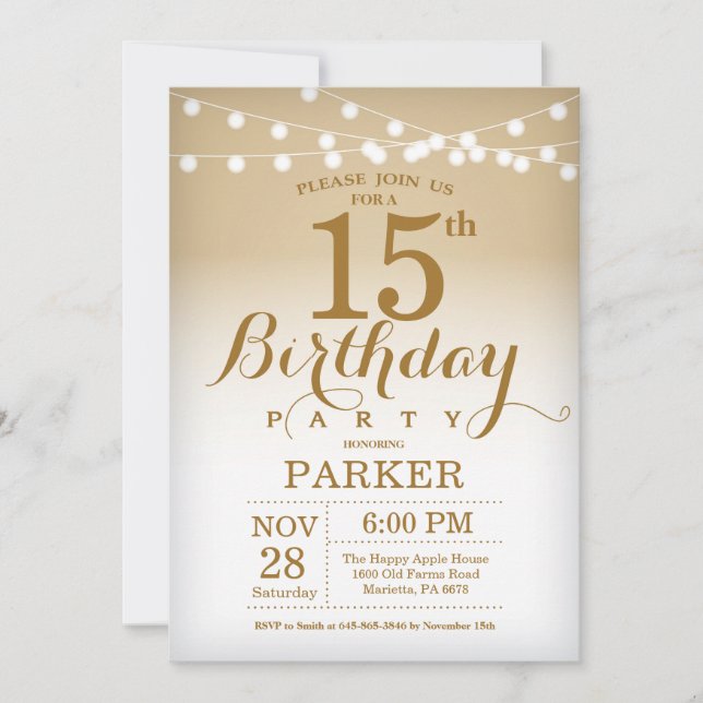15th Birthday Invitation Gold String Lights (Front)
