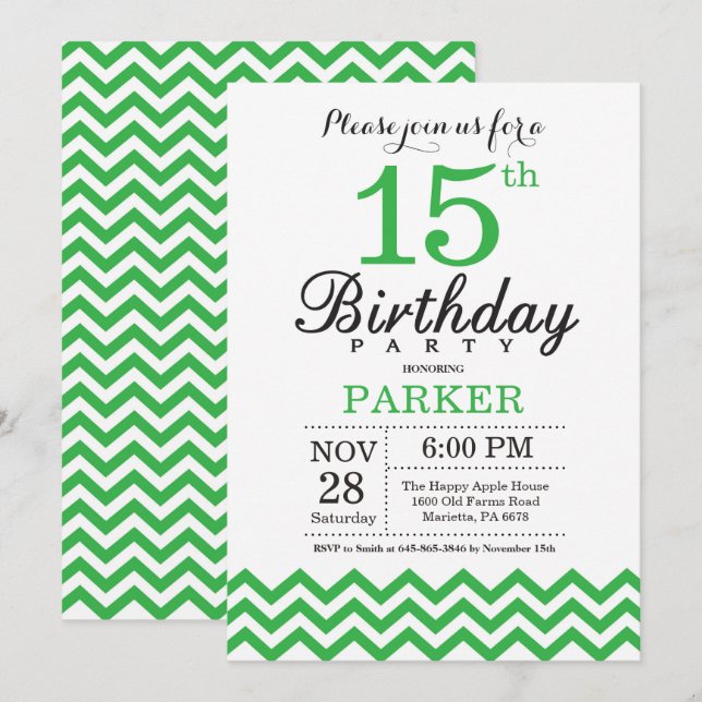15th Birthday Invitation Green Chevron (Front/Back)