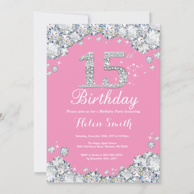 15th Birthday Invitation Pink and Silver Diamond (Front)