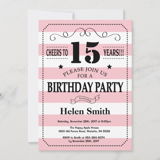15th Birthday Invitation Pink and White Stripes (Front)