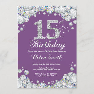 15th Birthday Invitation Purple and Silver Diamond