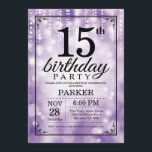 15th Birthday Invitation Purple Glitter<br><div class="desc">15th Birthday Invitation with Purple String Lights with Purple Glitter Background. Purple Birthday. Kids Birthday. Boy or Girl Bday Invite. 13th 15th 16th 18th 20th 21st 30th 40th 50th 60th 70th 80th 90th 100th, Any age. For further customisation, please click the "Customise it" button and use our design tool to...</div>