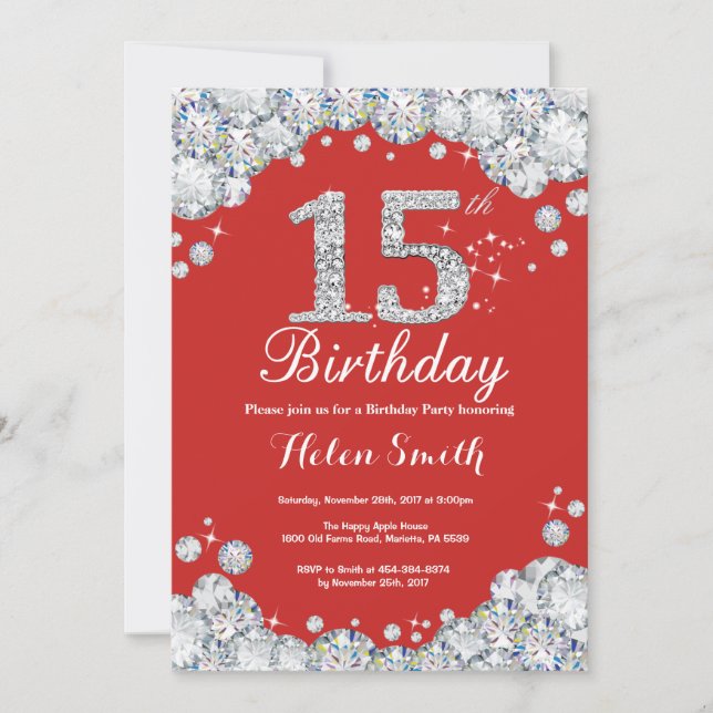 15th Birthday Invitation Red and Silver Diamond (Front)