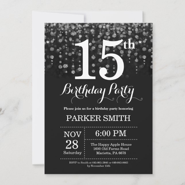 15th Birthday Invitation Silver Glitter (Front)