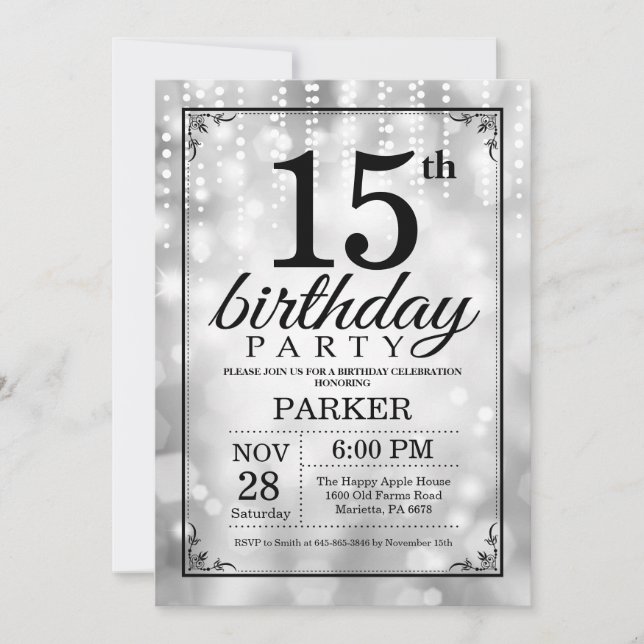 15th Birthday Invitation Silver Glitter (Front)