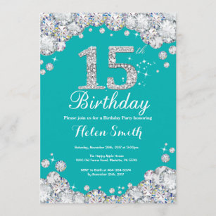 15th Birthday Invitation Teal and Silver Diamond