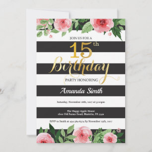 15th Birthday Invitation Teen. Floral Gold Black