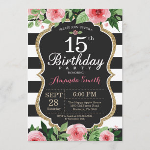15th Birthday Invitation Women. Floral Gold Black