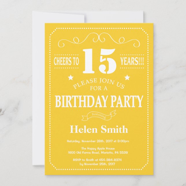15th Birthday Invitation Yellow and White (Front)