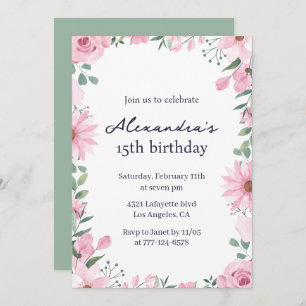 15th birthday invitations Floral Frame Pink Green