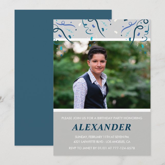 15th birthday invitations Men Confetti Photo Navy (Front/Back)