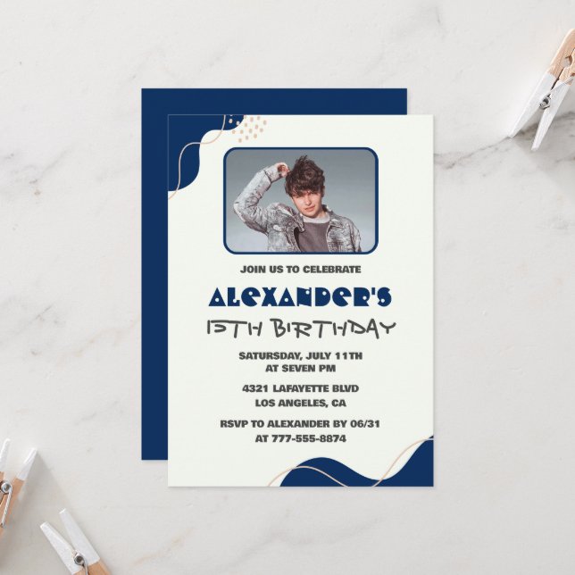 15th birthday invitations Men Navy Simple Photo (Front/Back In Situ)