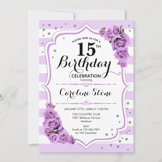 15th Birthday -  Lavender White Purple Flowers Invitation (Front)