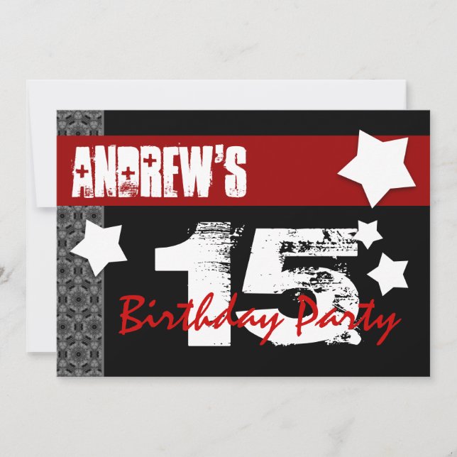 15th Birthday Modern For Him Red White Black W10B Invitation (Front)