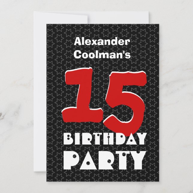 15th Birthday Modern Teen Black White Stars W10C Invitation (Front)