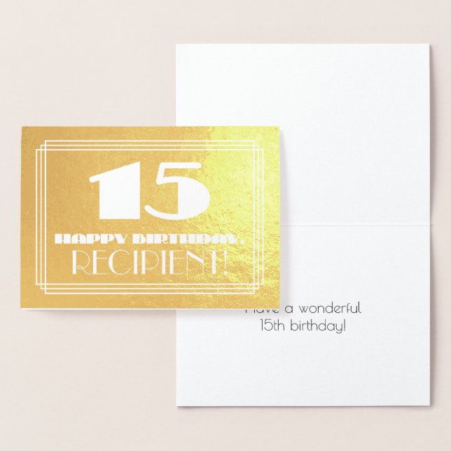 15th Birthday: Name + Art Deco Inspired Look "15" Foil Card (Display)