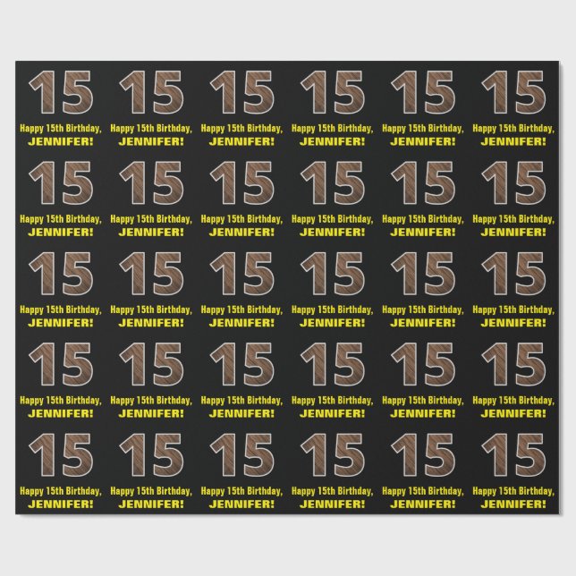 15th Birthday: Name & Faux Wood Grain Pattern "15" Wrapping Paper (Flat)