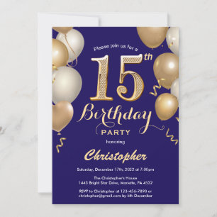 15th Birthday Navy Blue and Gold Balloons Confetti Invitation
