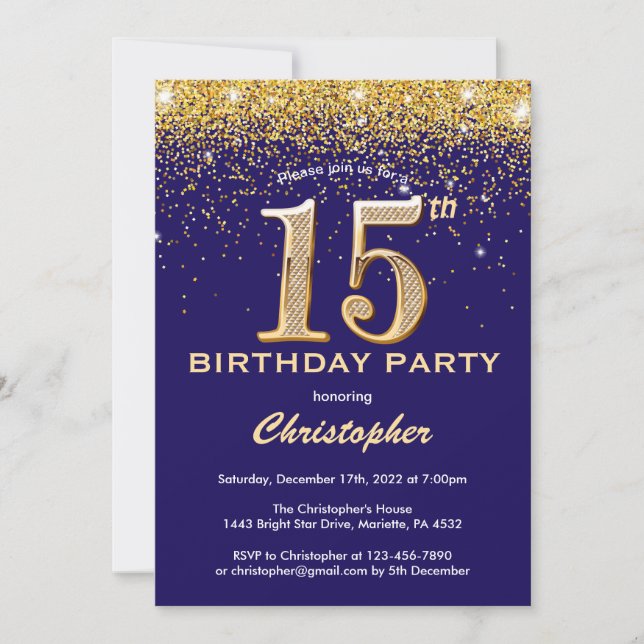 15th Birthday Navy Blue and Gold Glitter Confetti Invitation (Front)